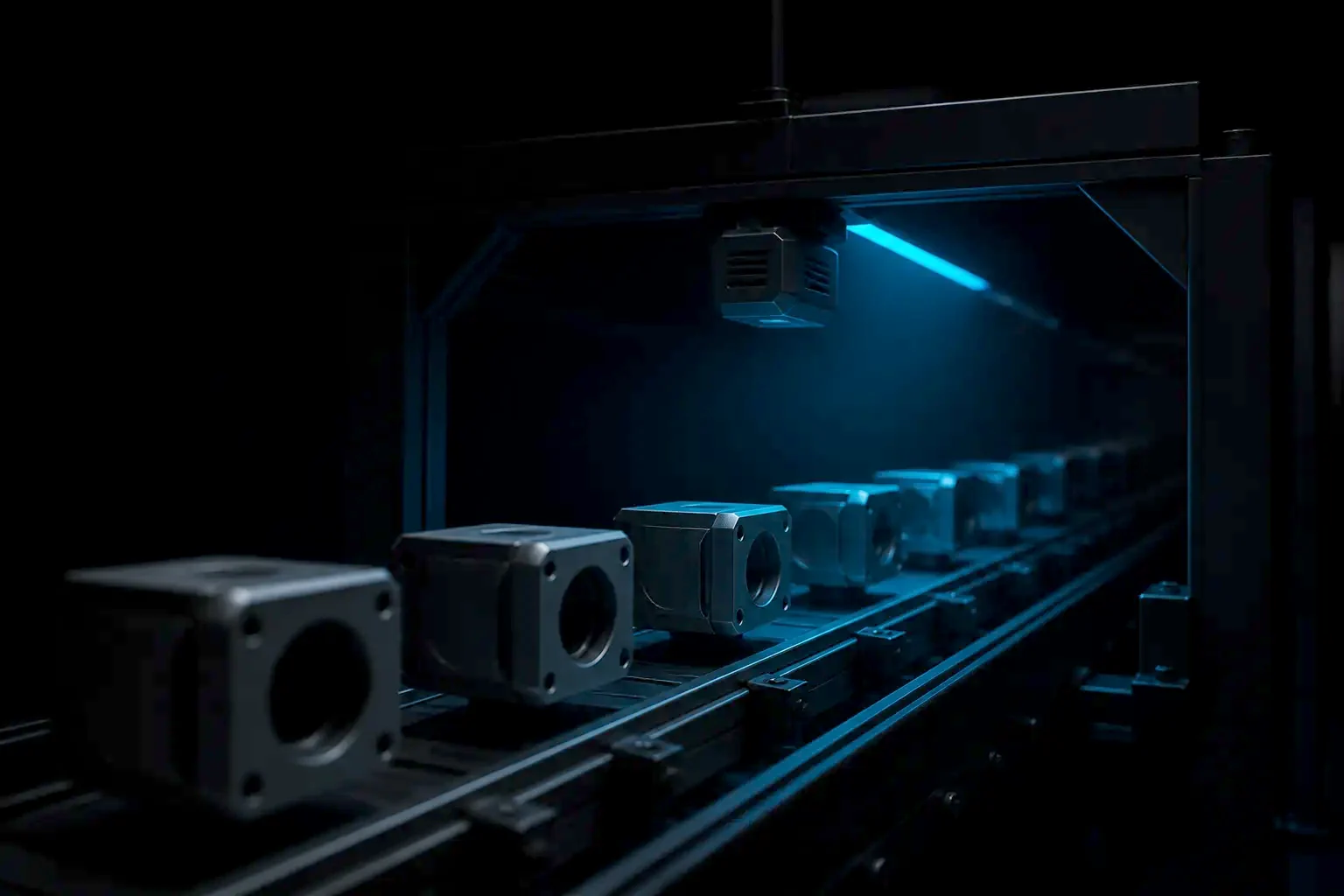 Dark industrial inspection line under a hard light bar